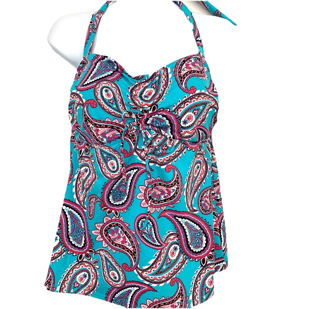 Lands End Tankini Swim Woman Sz 10 Bue Floral Halter Padded Bra Beach Travel